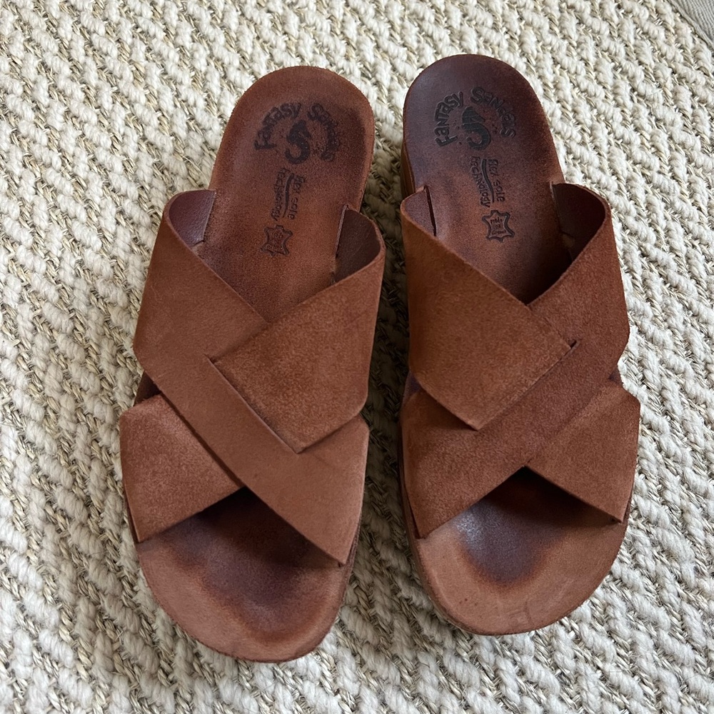 Tan Leather Slip-On Sandals with flex sole